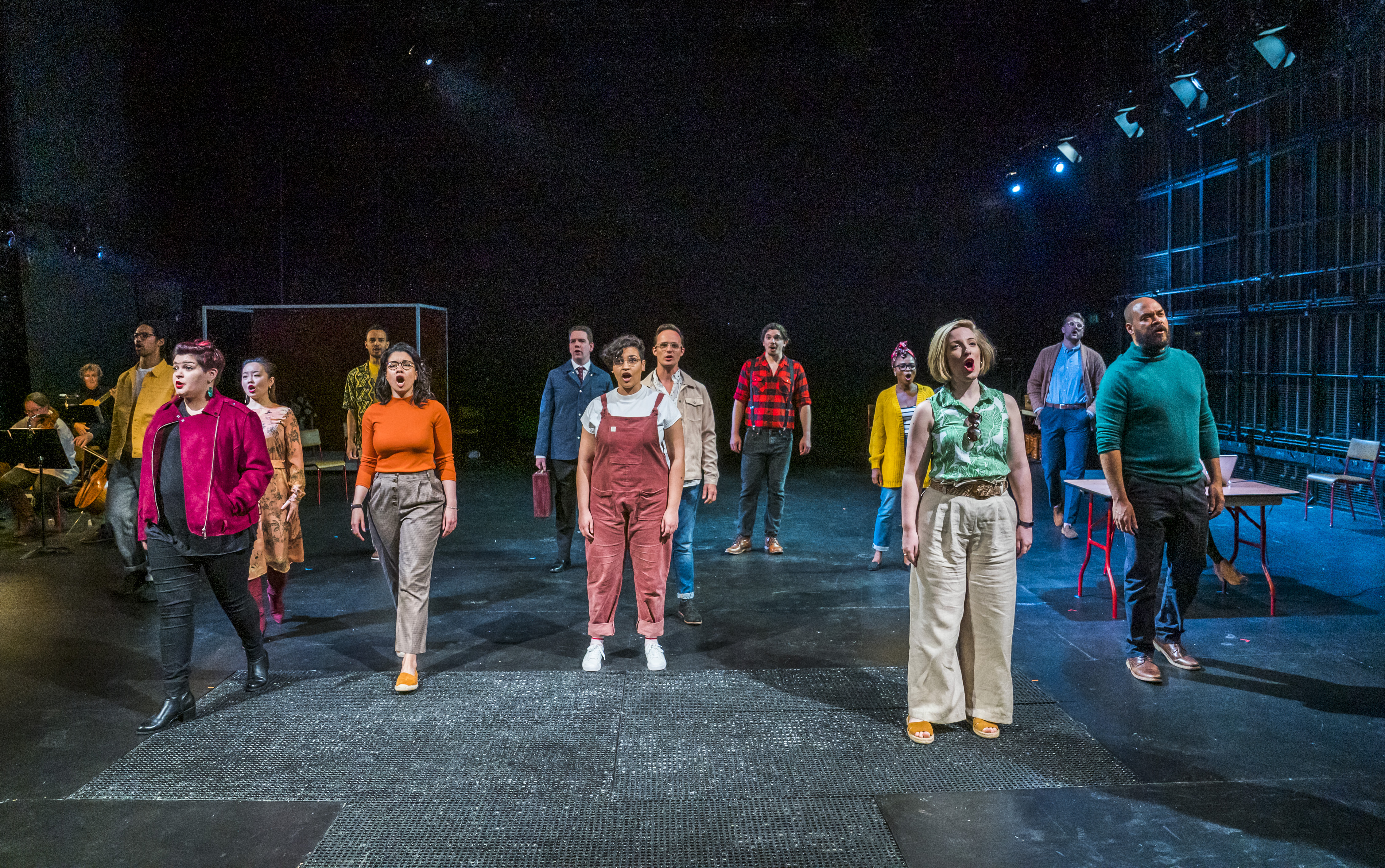 Eyra Norman as Belinda (central) with the Chorus in Dido at the Unicorn Theatre. Photo Tristram Kenton