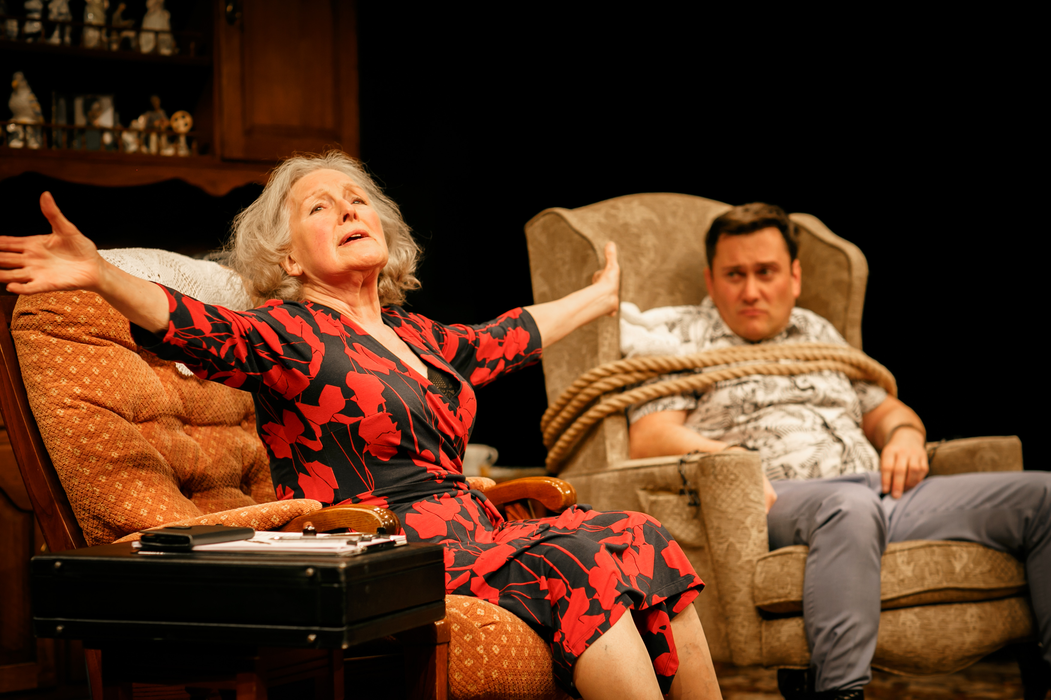 Marlene Sidaway (Flora) and Kevin Tomlinson (Simon) in 'Beneath The Blue Rinse'. Photo Credit Ben Wilkin
